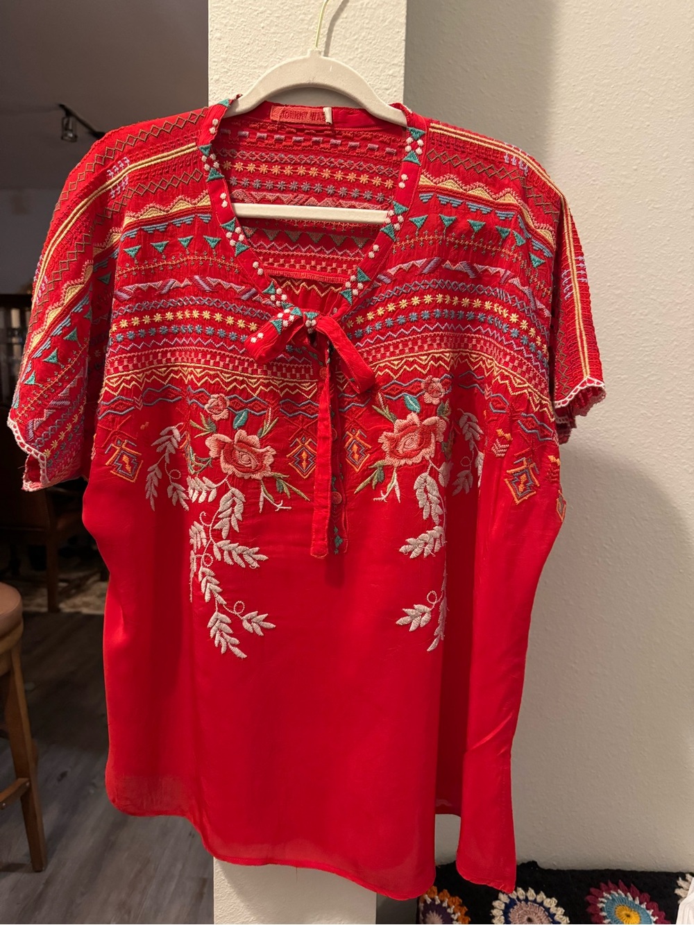 Johnny Was Red Embroidered Tie-Neck Blouse
